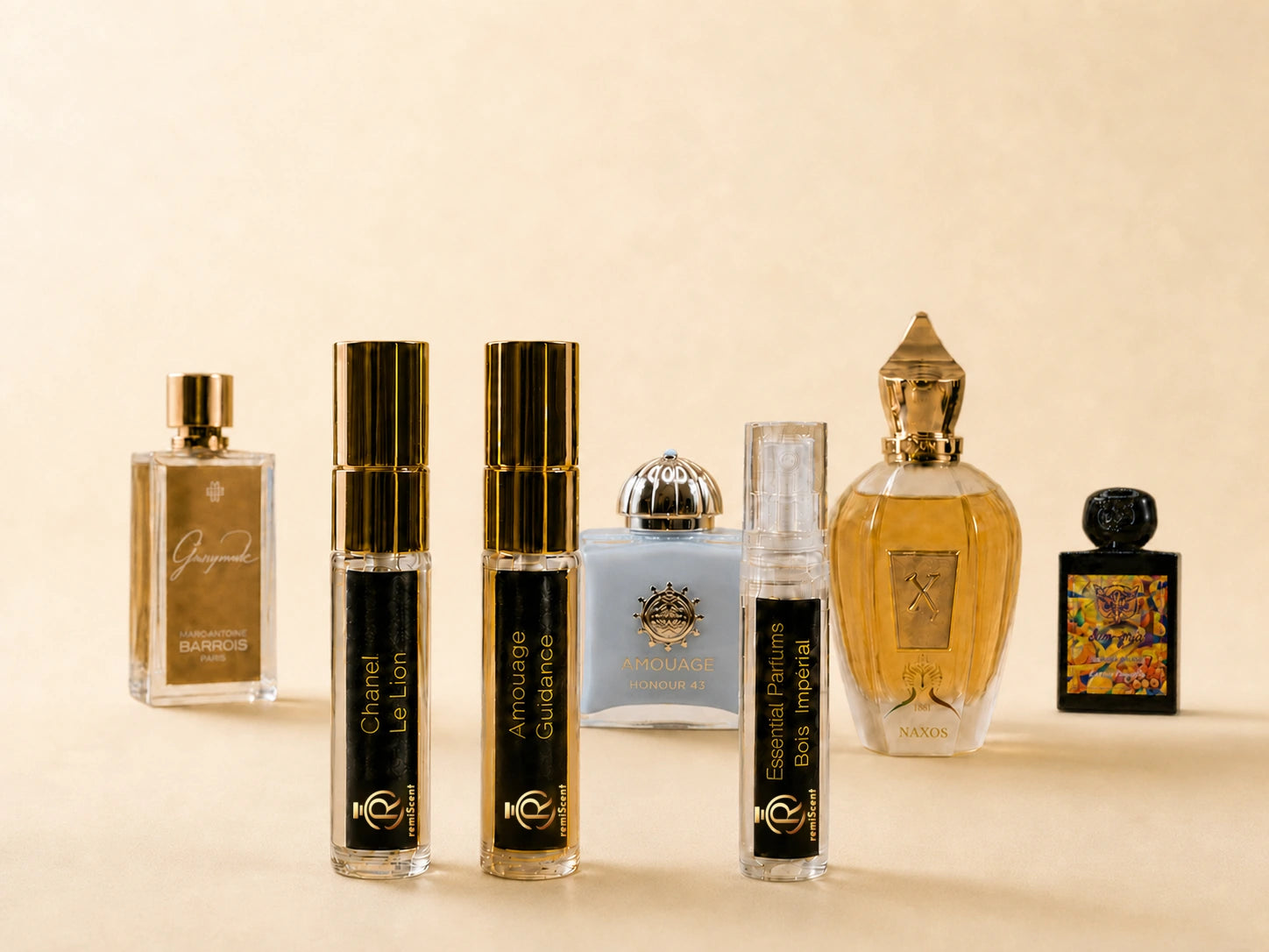 Perfume sample vial with fragrance ingredients in warm studio light