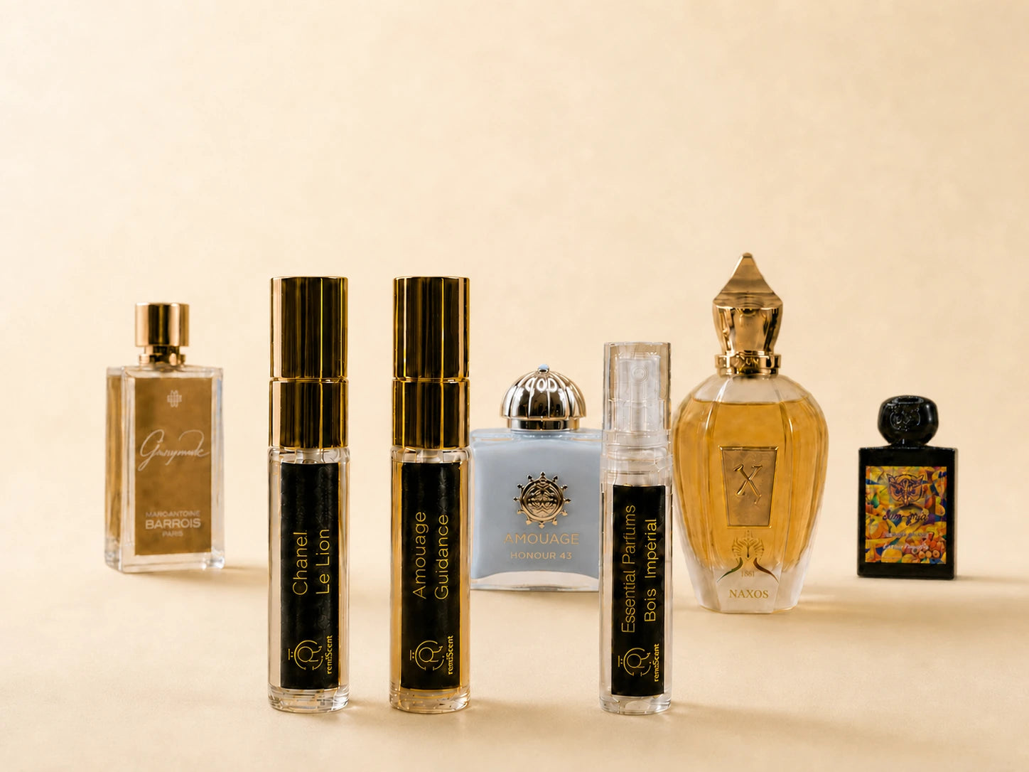 Perfume sample vial with fragrance ingredients in warm studio light